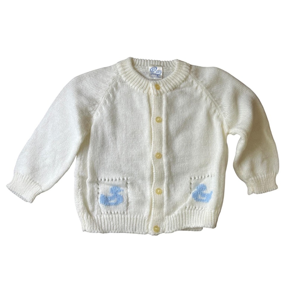 Vintage CUSTOM PORTUGAL SWEATER Baby Ivory Cardigan Blue Ducks So Soft! 0-6M